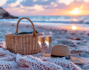 Beach picnic setup with champagne