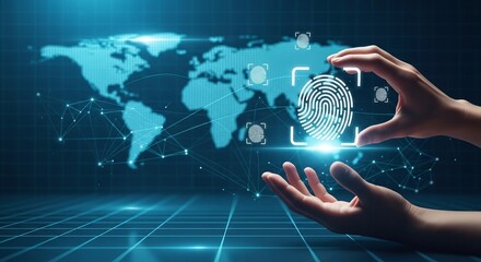 Global Biometric Security Hands Scanning a Digital Fingerprint on a World Map