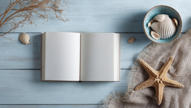 Blank book rests light blue wooden surface, surrounded by seashells and starfish, evoking serene - Powered by Adobe