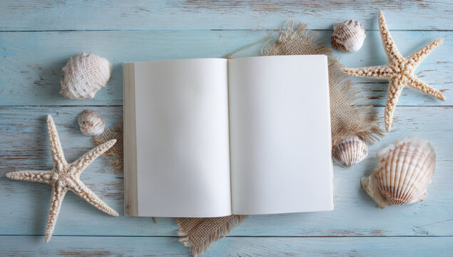 Open book surrounded by seashells and starfish on blue wooden surface evokes serene coastal vibe