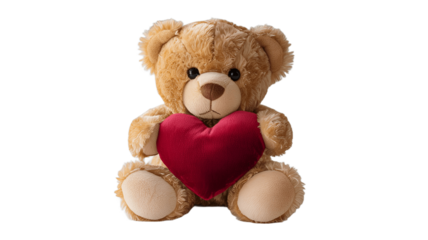 A Teddy bear holding a big red heart, symbol of love and affection.