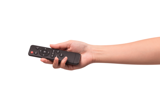 Hand holding remote control isolated on isolated on transparent PNG.	