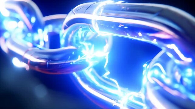 A close-up view of a metal chain, highlighted with electric current, symbolizing connections and technology