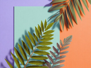 Realistic photograph fern palm leaves on pastel backgrounds top view
