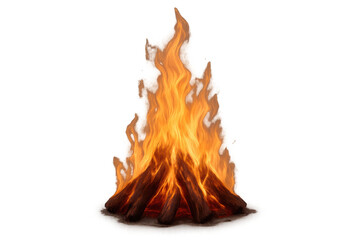 Campfire burning bright, flames rising from wood, creating warmth and light, transparent background element