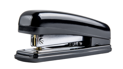 Black office stapler fastening paper, essential desk stationery tool, isolated on transparent background