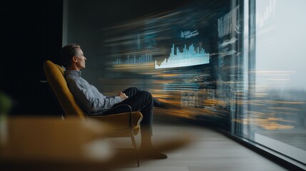 An Individual Analyzing Financial Data Through A Virtual Display While Relaxing In A Modern Chair By A Panoramic View Window