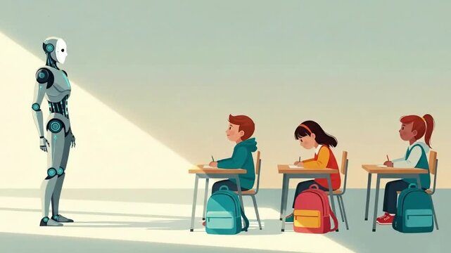 Robot teacher instructing diverse students in a modern classroom - Powered by Adobe