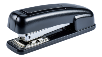 Black office stapler, essential desktop stationery for paper organization and binding documents, isolated item with transparent background