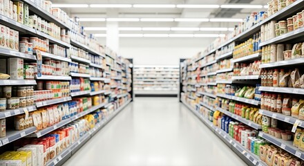 Fototapeta premium Aisle in a modern supermarket filled with neatly arranged shelves of various packaged food products, showcasing a vibrant selection of groceries and creating an inviting shopping atmosphere