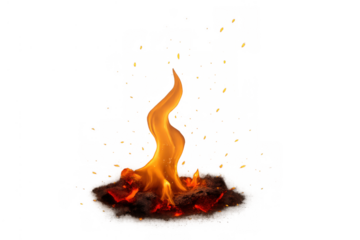 Burning embers with orange flame and flying sparks, isolated on transparent background, representing heat and energy