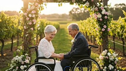Senior Couple wheelchaired Celebrate Anniversary with Flower Arch in Vineyard, for Wedding Announcement, Engagement Announcement, Celebration of Love, or Inclusive Blogs - Powered by Adobe