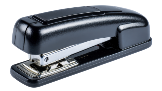 Black office stapler, essential desktop stationery for paper organization and binding documents, isolated item with transparent background