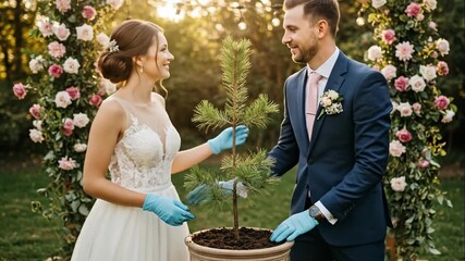 Newlyweds Couple - ceremonial tree planting Symbolizing New Beginnings, Environmental Responsibility, Sustainable Living, and Eco-Friendly Future for Wedding Announcements, Environmental Blogs,