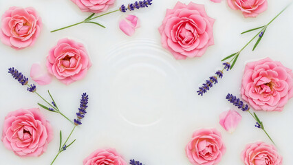 Pink roses and lavender flowers in milk bath