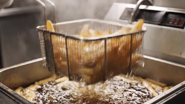 Crispy french fries being lifted from bubbling hot oil in a commercial deep fryer