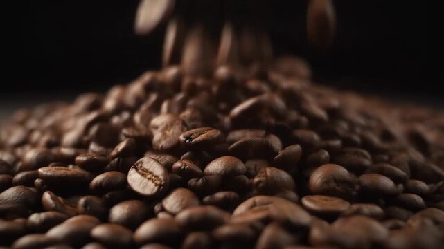 Close-up of falling roasted coffee beans, showing texture and detail.