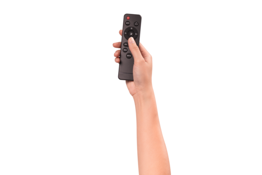 Hand holding remote control isolated on isolated on transparent PNG.	