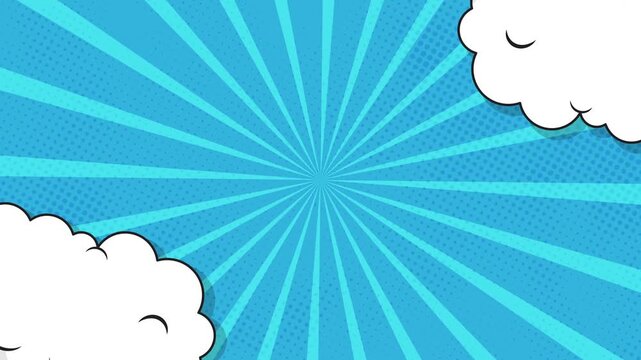 Dynamic retro pop comic animation background with radial burst and dotted texture, featuring playful cartoon clouds. Perfect for fun intros, kids content, and nostalgic comic style projects