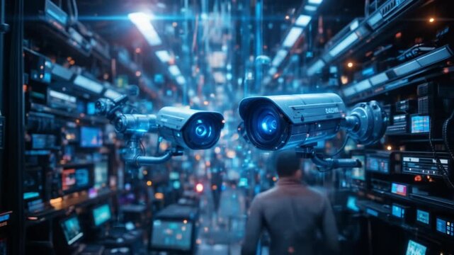 Digital CCTV cameras. Future AI, Artificial Intelligence. Futuristic surveillance system technology concepts. 4k video