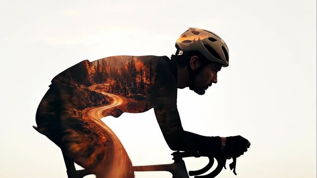 Cyclist Riding in Nature Double Exposure Style, the concept of Outdoor Activity, Fitness and Travel for Blogs, Websites, Cards, Sport Education, and Awareness
