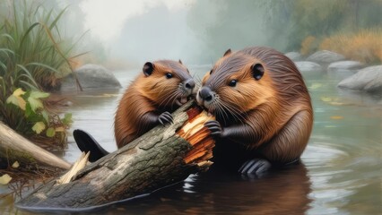 Two beavers sharing a fallen log in a misty stream