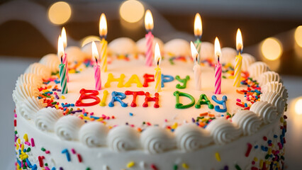 Celebration with a birthday cake decorated with candles and colorful sprinkles