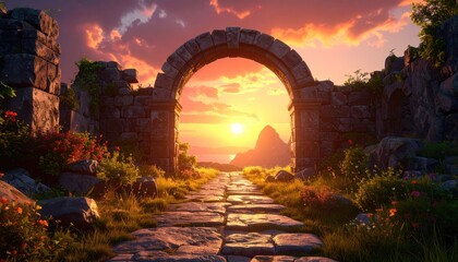 Stone arch framing golden sunset view