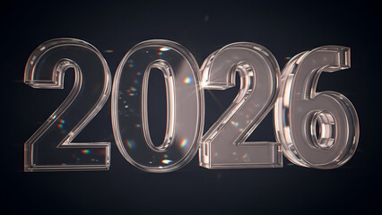Elegant Clear Glass 2026 New Year Design with Sparkling Reflections and Dark Background