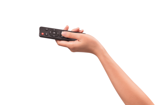 Hand holding remote control isolated on isolated on transparent PNG.	
