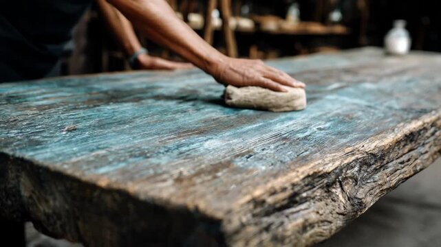 Medium shot of a carpenter sanding rustic reclaimed wood furniture focusing on the environmentally conscious practice of reusing aged textured wood for stylish interiors