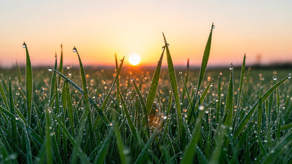 Fototapeta premium Fresh Morning Dew on Grass at Sunrise Macro Shot