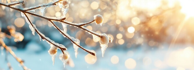 Delicate icicles hang from branches in a serene winter forest at dusk