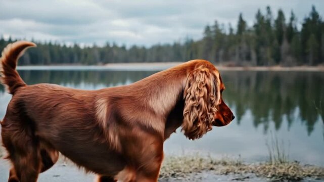 A cocker spaniel stands near a lake with trees reflected in the water on a cloudy day outdoors dog video
