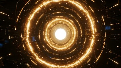 Golden glowing tunnel with concentric rings and bright central light in a futuristic space environment