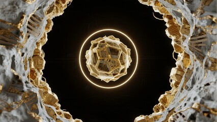 Golden geometric sphere encased in glowing ring, framed by crystalline rock formations against dark background