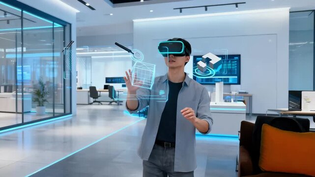 A designer wearing VR goggles explores a 3D model of a commercial space interacting with virtual elements to finalize design details efficiently.