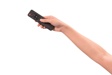Hand holding remote control isolated on isolated on transparent PNG.	