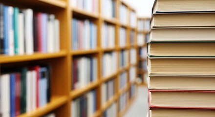 Stack of books with a blurred library background perfect for learning and education concepts