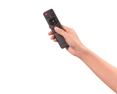 Hand holding remote control isolated on isolated on transparent PNG.	