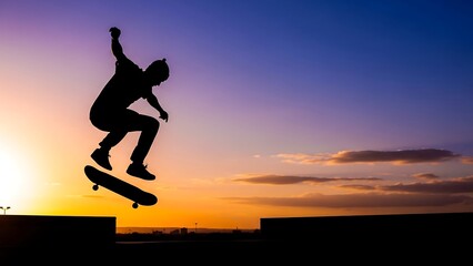Silhouette of skateboarder performing a trick against a vibrant sunset.