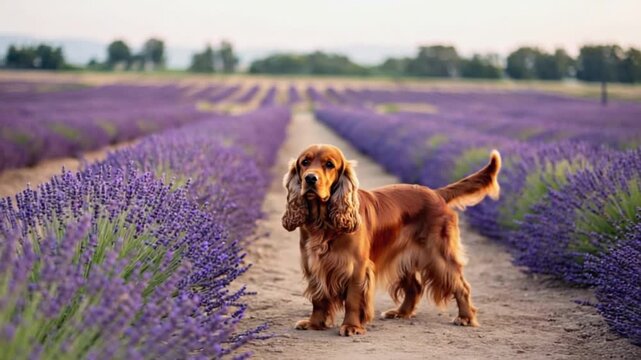 Dog standing in a lavender field with rows of purple flowers and green trees in the background dog video