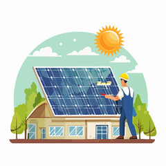A technician installs solar panels on a house, harnessing renewable energy from the sun for sustainable living and environmental conservation.