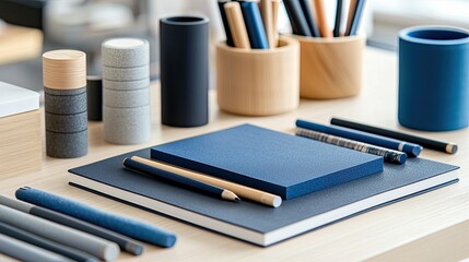 Close-up of various stationery items, including pens, pencils, notebooks, and containers, arranged on a wooden desk. Natural lighting.
