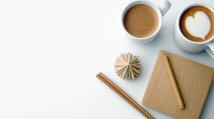 Overhead shot of two coffee cups with latte art, a wooden notepad, a pencil, a decorative wooden object, and cinnamon sticks arranged on a white surface.
