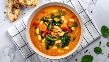 White bean soup on a checkered towel