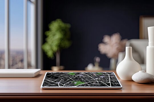 A tablet displaying a map sits on a wooden table in a modern interior, with a window and decorative items in the background. The scene is lit by natural dayligh