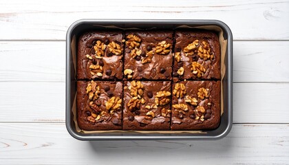 Walnut brownies baked in pan