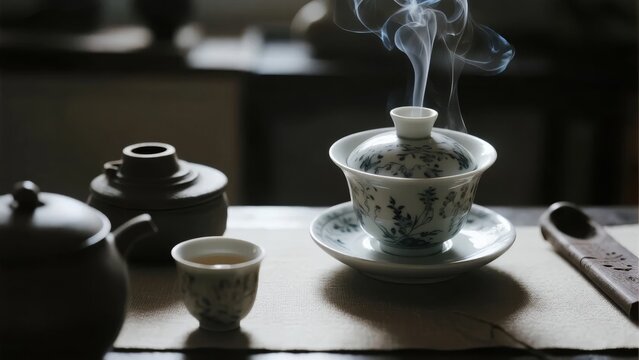 Steaming tea in a traditional porcelain teacup with floral patterns, accompanied by teapot and tea accessories on a wooden table. - Powered by Adobe