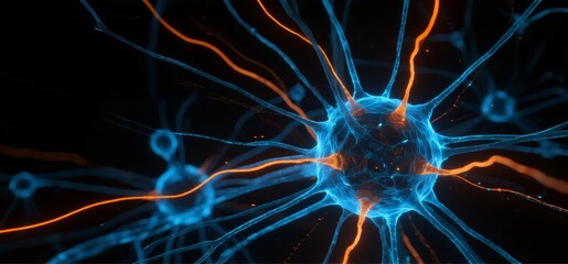 Neuronal cell with synaptic connections in a neural network, illustrated in blue and orange hues against a dark background